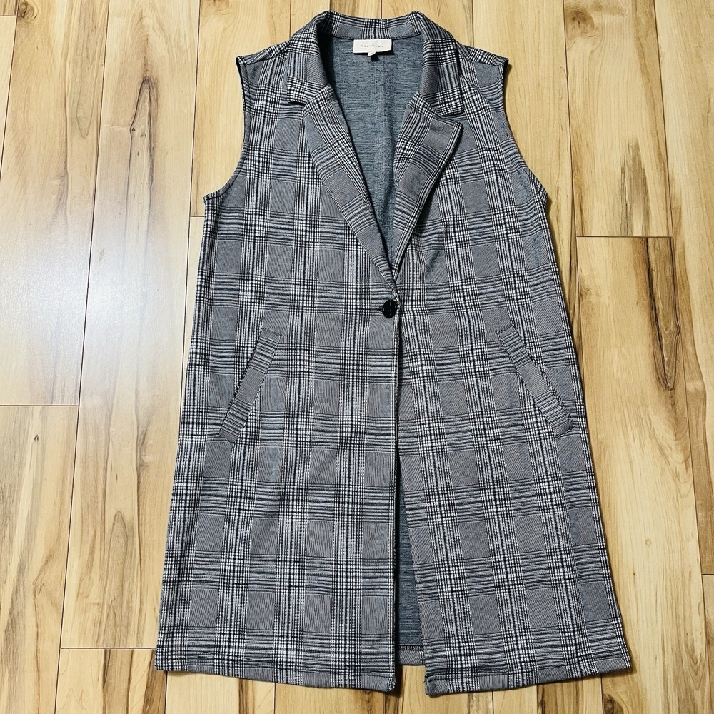 Womens Melloday Gray Plaid Open Front Long Vest Top With Collar Pockets Sz M